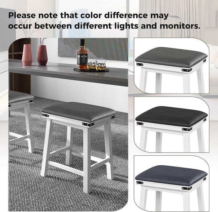 24" Counter Height Bar Stools Set of 2, Faux PU Leather Farmhouse Wood Barstools with Padded Seat, Solid Wood Frame, Max Load 330 Lbs, Saddle Stools for Kitchen Island Pub, White