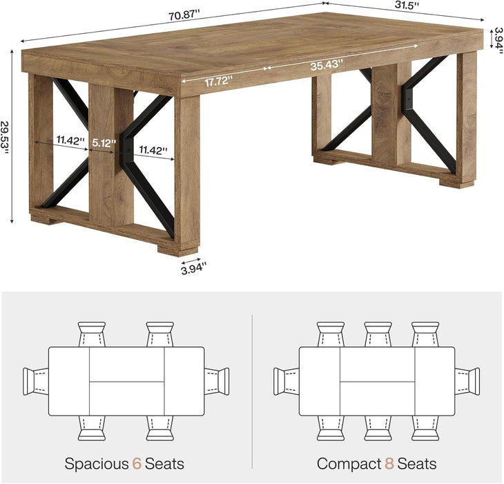 70.87" Rectangular Dining Table for 6-8 People, Farmhouse Wooden Kitchen Dinner Table with Strong Base for Dining Room, Kitchen, Living Room, Brown