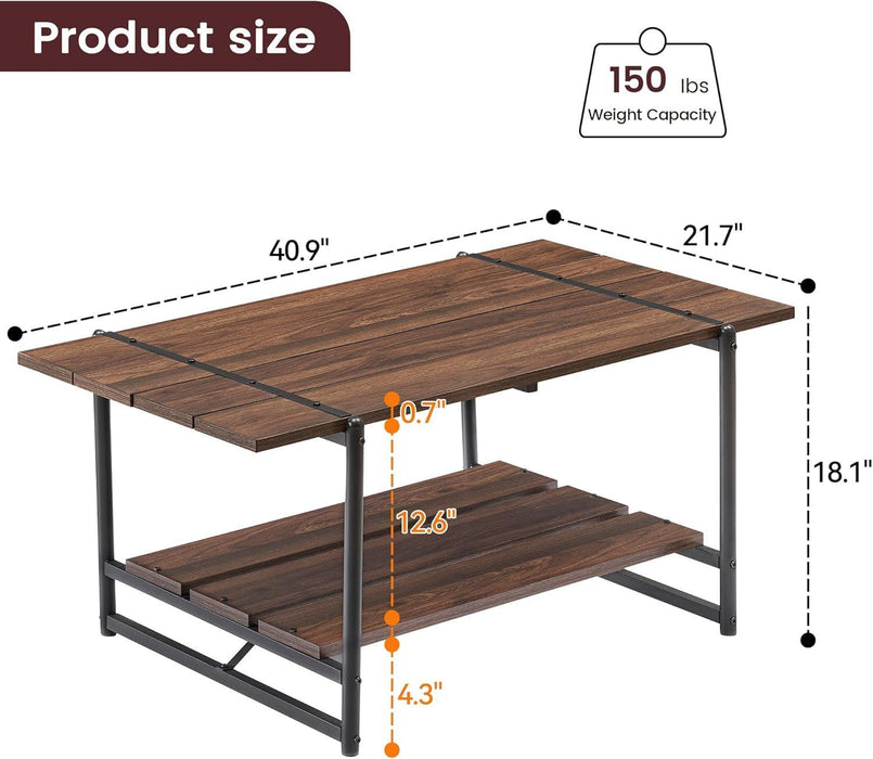 2-Tier Modern Industrial 41'' Large Wood Coffee Table with Storage Shelf - Rustic Metal Rectangle Center Living Room Coffee Table Accent Furniture for Home Office, Brown Walnut