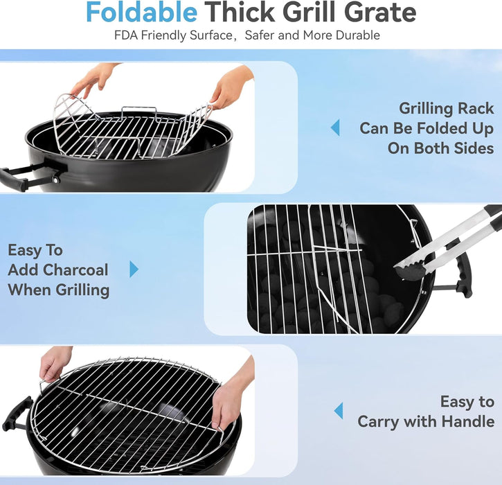 18 Inch Kettle Charcoal BBQ Grill with Wheels, Portable Charcoal Grill with Porcelain-Enameled Lid & Ash Catcher for Outdoor Cooking Barbecue Camping Picnics Tailgating, Black