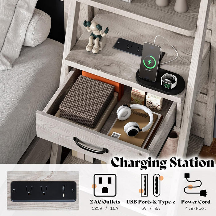 King Bed Frame with Bookcase Headboard & 4-Tier Bedside Shelf, Farmhouse Platform Bed with Charging Station and 2 Drawers, Noise-Free