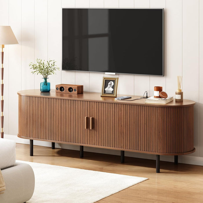 70.8" TV Stand with Power Outlet for Tvs up to 75 Inch, Entertainment Center with Storage and Adjustable Shelves, Modern Media Console with Sliding Doors for Living Room, Walnut