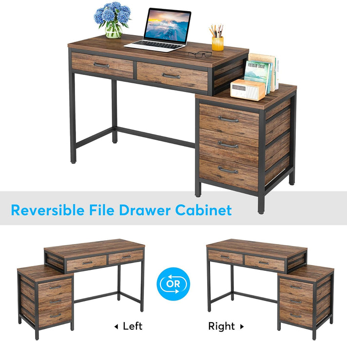 Computer Desk with 5 Drawers, Home Office Desks with Reversible Drawer Cabinet Printer Stand, Industrial PC Desk with Storage, Rustic Study Writing Table Workstation for Small Spaces