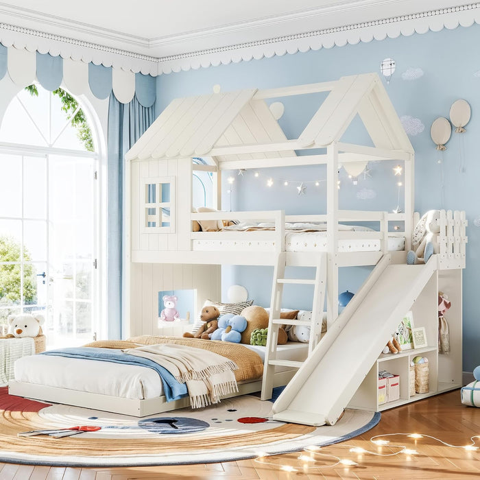 NaturalPineDurable TwinOverFull BunkBed WithSlide StorageChest Playhouse Framework