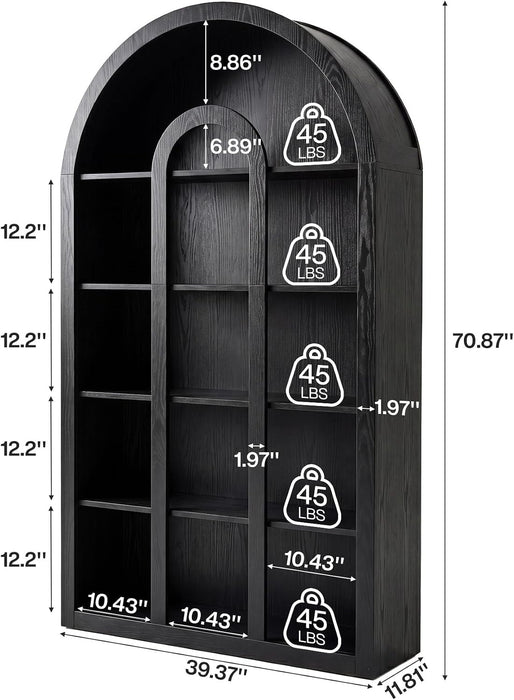 Tribesigns 71" Tall Bookshelf Set of 2, 5-Tier Black Arched Bookcase with Open Shelves, Vintage Free-Standing Display Shelves with Rustic Wood Finish for Living Room, Office, Bedroom