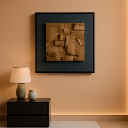 Framed 3D Textured Wood Abstract Wall Art Decor for Living Room, Modern Square Geometric Wooden Artwork for Walls, Minimalist Black Sandstone Wall Decor for Hallway, Kitchen, Bedroom, Office, 20X20