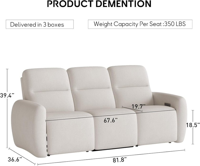 3 Seater Power Reclining Sofa, Overstuffed Recliner Couch with USB and Type-C Charge Ports, Reclining Couches for Living Room, Home Theater, RV (Beige, Fabric)