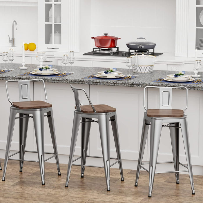 24 Inch Swivel Bar Stools Set of 4 with Backs Counter Height Industrial Barstools for Kitchen Island (Swivel 24 Inch, Silver Wooden)