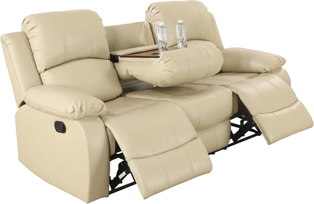 Beige Recliner Sofa Set 3PCS Manual Reclining Sofa Living Room Furniture Sets Contempary Bonded Leather Reclining Couch Set with Cup Holder/Storage Console for Home/Office (Beige, 3PCS Set)