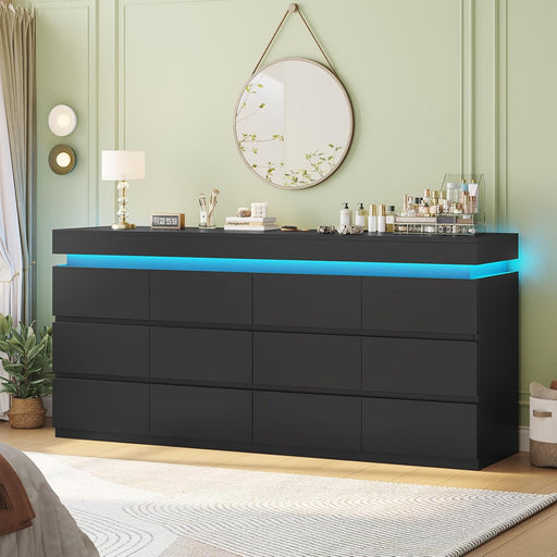 12 Drawer Dresser with LED Light, Black Modern Chest of Drawers for Bedroom,Long Dresser with Drawers for Living Room, Entryway, Hallway