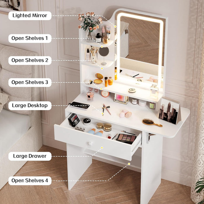 Small Vanity Desk with Mirror and Lights, Makeup Vanity with Charging Station, Compact Dressing Table Set with Storage Chair, Drawer and Shelves for Bedroom, White