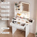 Small Vanity Desk with Mirror and Lights, Makeup Vanity with Charging Station, Compact Dressing Table Set with Storage Chair, Drawer and Shelves for Bedroom, White