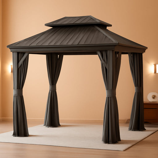 10' X 13' Hardtop Gazebo Aluminum Permanent Gazebo with Galvanized Steel Double Roof for Patio Lawn and Garden, Curtains and Netting Included, Grey