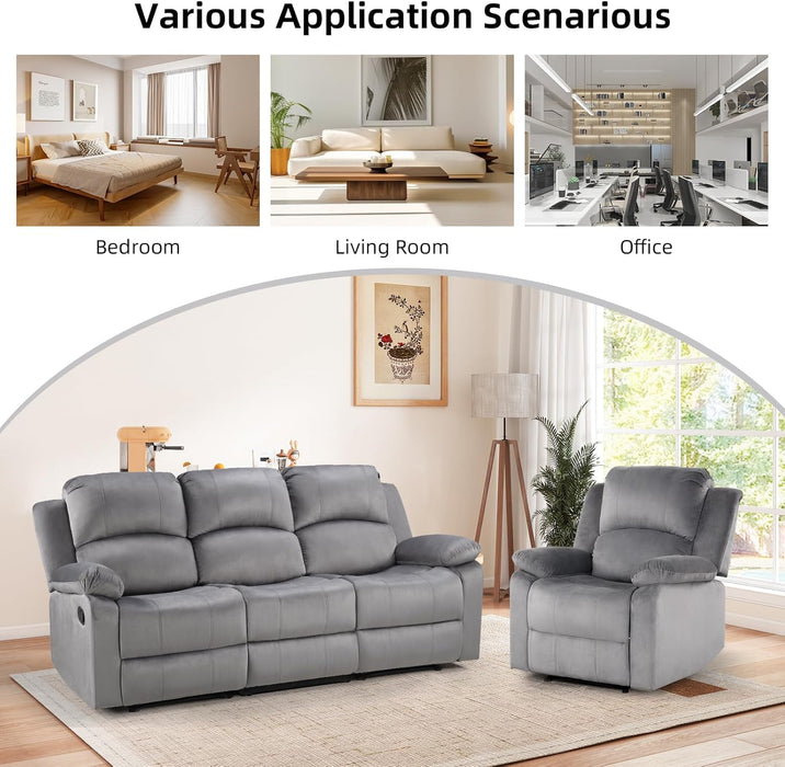 Manual Reclining Couch Set for Living Room, Include 1 Recliner Chair, 3 Seat Sofa, Soft Microfiber Recliner Sofa Furniture Set for Home and Office, Grey