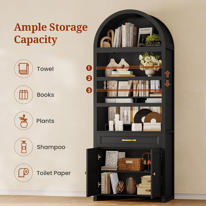 2 Pcs 84.2" Tall Arched Cabinets,Bookcase with Drawer Storage,Mid-Century Modern 6-Tier Bookshelf, 2 Book Risers and Adjustable Shelves Offering More Storage Space for Living Room,Kitchen, Black