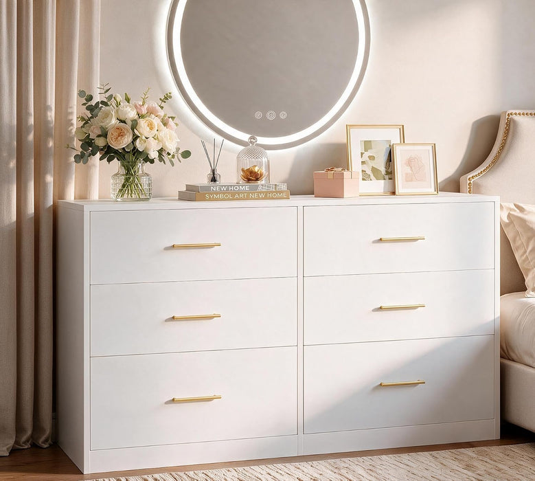 White Dresser for Bedroom with 6 Drawers, 47" Wide Modern Chest of Drawers, Wooden Dresser TV Stand,Storage Organizer for Living Room,Hallway