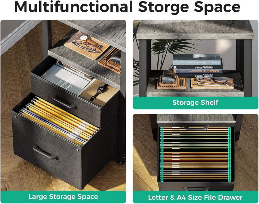 L Shaped Computer Desk with 6 Drawers & Power Outlet, 55 Inch Corner Desk with Reversible Storage Shelf & File Drawer, Home Office Desk, Grey Oak