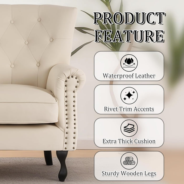 Ivory White Luxurious PU Leather Wingback Armchair