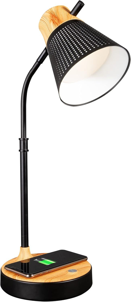 Wellness Series Wireless Charging LED Table Lamp, LED Desk Lamp and Book Light, Reading Light, Great Desk Lights for Home Office, Black with Woodgrain Accents