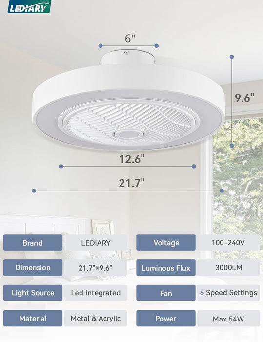 22In Enclosed Ceiling Fan with Light and Remote, White Modern Bladeless Ceiling Fan with Bright Light, Led Flush Mount Ceiling Fans for Bedroom, Living Room, Kid Room(6 Speeds, 3000-6000K)