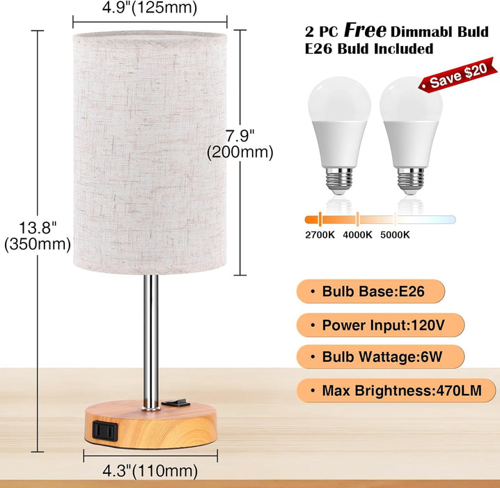 Table Lamp for Bedroom Set of 2, Bedside Small Lamps with 3 Way Dimmable Rocker Switch & AC Outlet, Nightstand Desk Lamp with Flaxen Fabric Shade Woodgrain Base for Living Room Home Decor Lights
