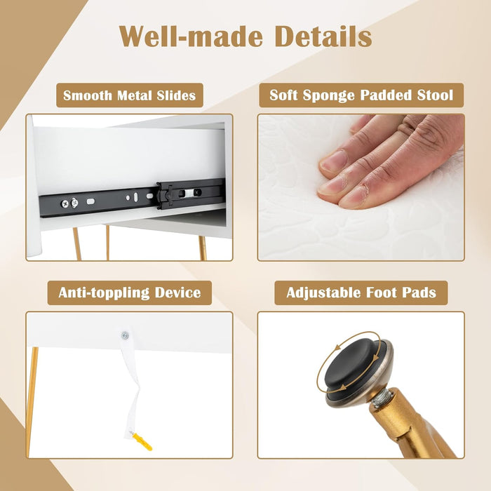 Makeup Vanity Table with Lighted Mirror, Vanity Desk with 2 Large Drawers, Adjustable 3 Lighting Modes, Modern Girls Bedroom Vanity Table with Chair for Small Spaces, White & Gold