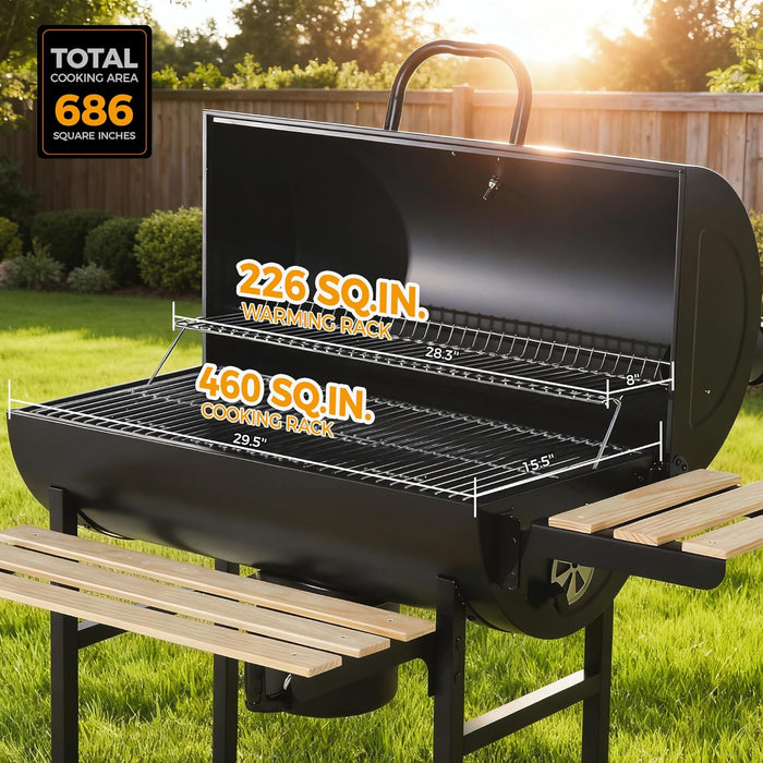 Barrel Charcoal Grill with Foldable Front Wood Shelf, 686 Sq.In. Cooking Area Outdoor Bbq Grill, Thermometer and Adjustable Air Vents for Backyard, Patio, Parties, Tailgating, Black