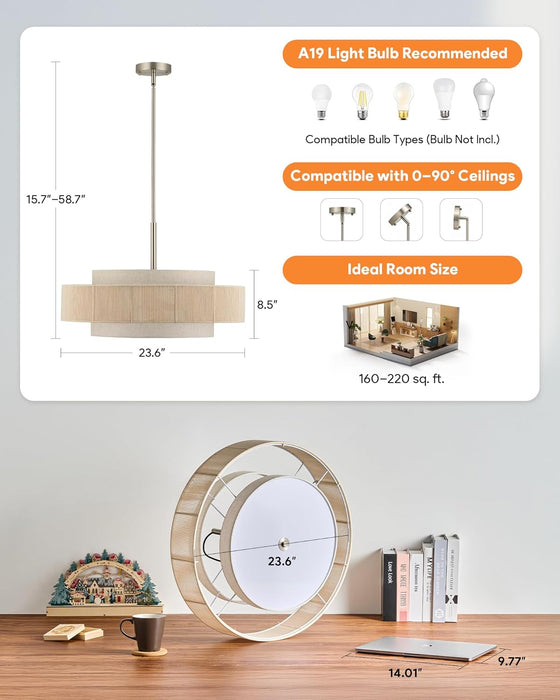 23.6-Inch Rattan Drum Chandelier 6-Light Nickel Finish