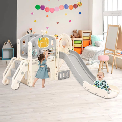 7In1 Kids Slide Playset Structure, Freestanding Castle Climbing Crawling Playhouse with Slide, and Basketball Hoop, Toy Storage