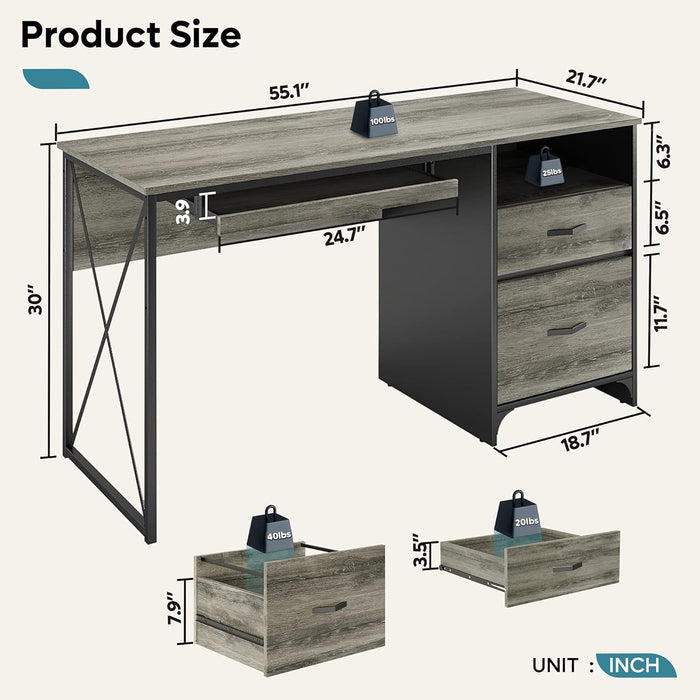 Office Desk with Drawers, 55 Inch Industrial Computer Desk with Storage, Wood Teacher Desk with Keyboard Tray & File Drawer for Home Office, Dark Gray Oak