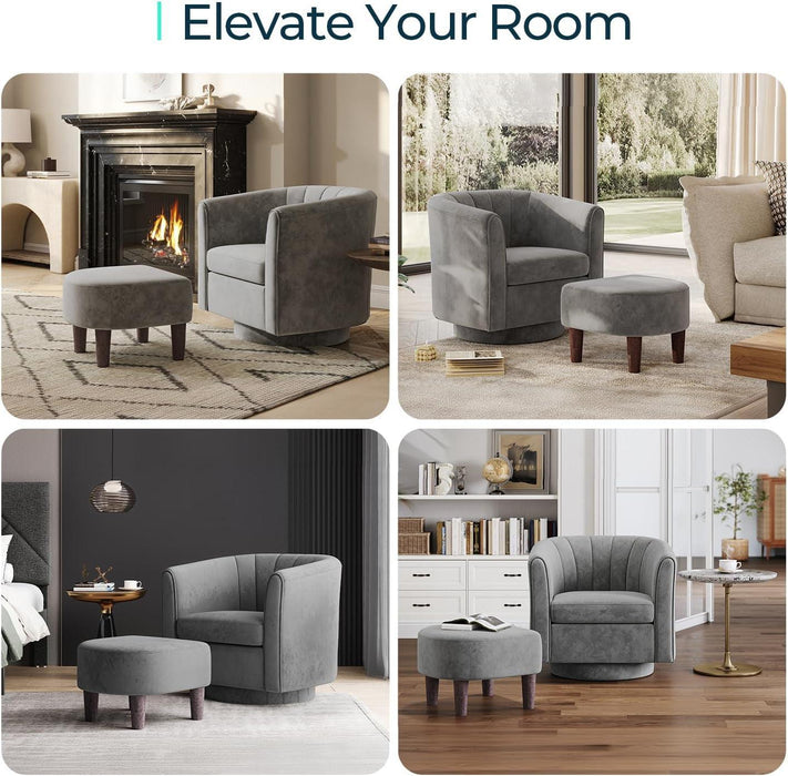 Swivel Accent Chair with Ottoman: Small Velvet Barrel Chair 360 Swivel Modern Armchair, Upholstered Reading Chair with Footrest for Living Room Bedroom Study Room (Grey)