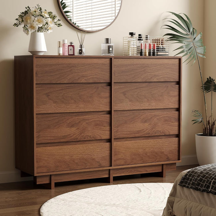 8 Drawer Walnut Dresser for Bedroom, 53" Wide Mid Century Modern Dresser