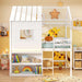 Twin Size Loft Bed with LED Lights, House Bed with Roof, Window & Storage Bookshelf, Solid Wood Bed Frame with Ladder, Safety Guardrails, Under-Bed Play Space, for Kids Boys Girls, White