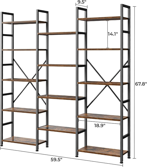 Triple Bookshelf, Bookcase with 14 Open Display Shelves, Wide Book Shelf Book Case for Home & Office, 5 Tier, Brown