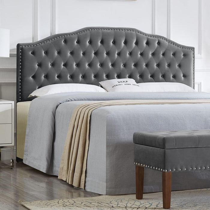 Upholstered Button Tufted King Size Headboard with Nailhead Trim, Soft Velvet Fabric Headboard King/Cal King Size -Dark Gray