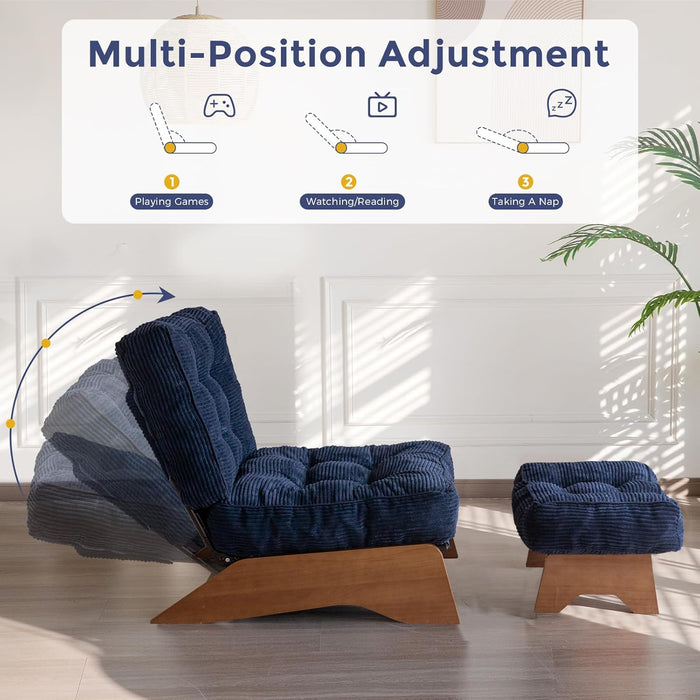 Accent Chair with Ottoman Adjustable Backrest, Tufted Living Room Chair Upholstered Lounge Chair with Footrest Set, Modern Chair Cozy Reclining Chair for Reading Room, Navy