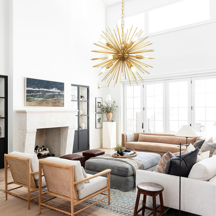 Modern 20In Gold Sputnik Chandelier 9-Lights Mid-Century Starburst Chandelier Solid Metal Firework Satellite Urchin Light Fixture over Table for Foyer Dining Room Kitchen Bedroom Living Room