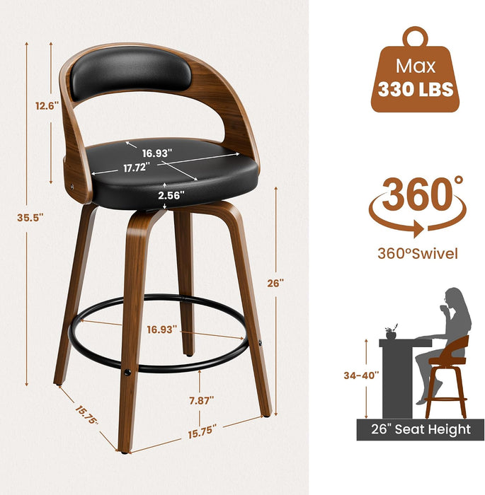 Bar Stools Set of 2, 26" Bentwood Counter Height Barstools, Black | Swivel, Mid-Century Modern, Faux Leather, Ergonomic Backrest, Padded Seat, Bentwood Legs, Footrest, for Kitchen Island, Bar