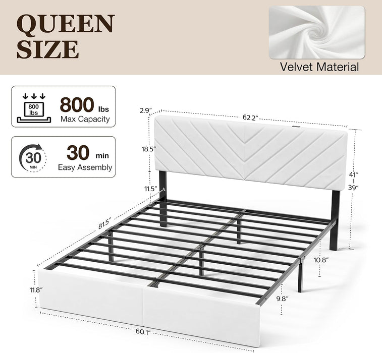 Queen Bed Frame with Adjustable Headboard, White Velvet Upholstered
