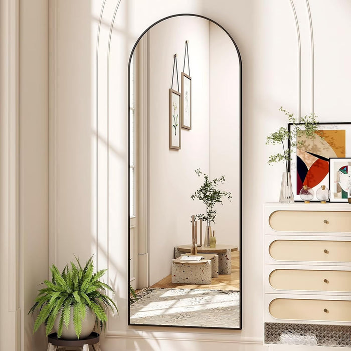 Arched Full Length Floor Mirror with Black Aluminum Frame, 59X16In