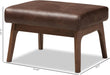 Birk Mid-Century Modern Walnut Wood Dark Brown Distressed Faux Leather Ottoman