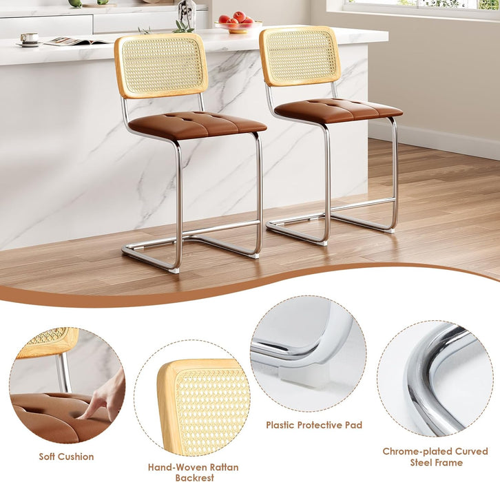 Counter Height Bar Stools Set of 2, Upholstered PU Leather Barstools with Rattan Back, 24 Inch Stools Armless Bar Chairs for Kitchen Island(Brown)