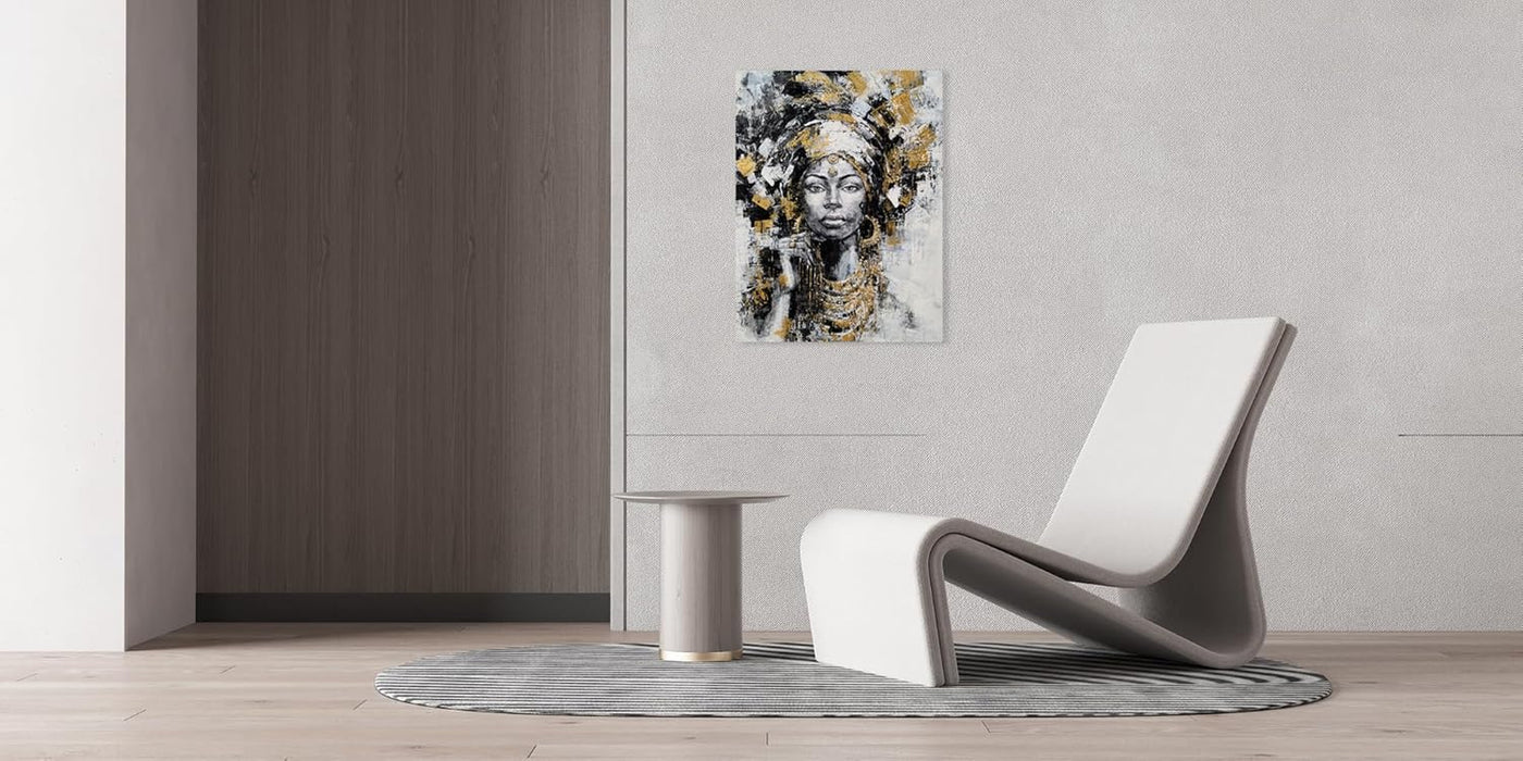 Black Woman Painting with Gold Foil - Hand Painted African American Canvas Wall Art for Living Room, Bedroom, and Hallway Decor