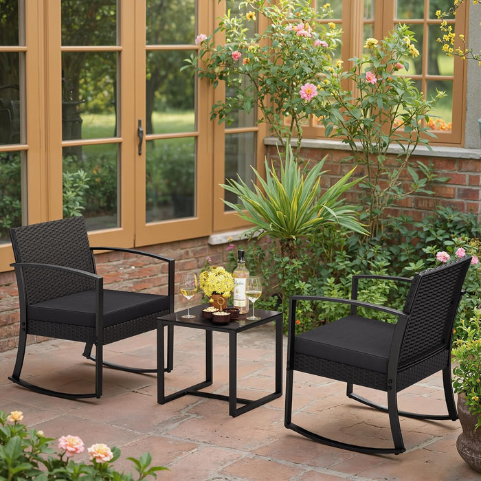 3 Pieces Outdoor Furniture Set Patio Bistro Rocking Chairs with Glass Coffee Table for Pool Beach Backyard Balcony Porch Deck Garden, Black