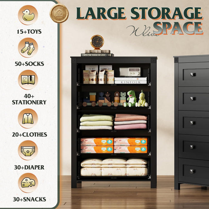 Farmhouse 5 Drawer Dresser for Bedroom, Wood Dresser Storage Organizer, Tall Black Dressers with Double Rustic Handle, Chest of Drawers for Living Room, Hallway, Closet