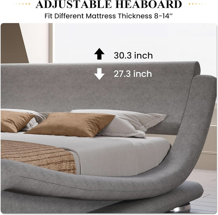Queen Size Upholstered Bed Frame, Deluxe Low Profile Sleigh Bed with Linen Ergonomics Headboard, No Box Spring Needed & Easy Assembly, Grey