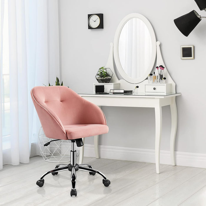 Comfy Desk Chair Cute Office Chair Pink Velvet Desk Chair Makeup Chair Vanity Chair with Back, Modern Swivel Computer Chair Accent Chair for Bedroom