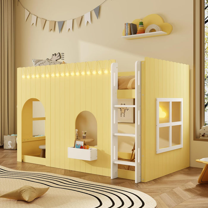 Twin-Size Solid-Wood Loft Bed With LED-Illuminated Yellow