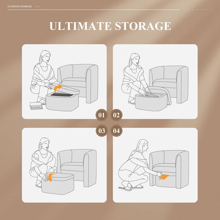 Upholstered Velvet Barrel Accent Chair with Storage Ottoman, Morden Living Room Chair with Lounge Seat for Bedroom/Reading Spaces, Khaki