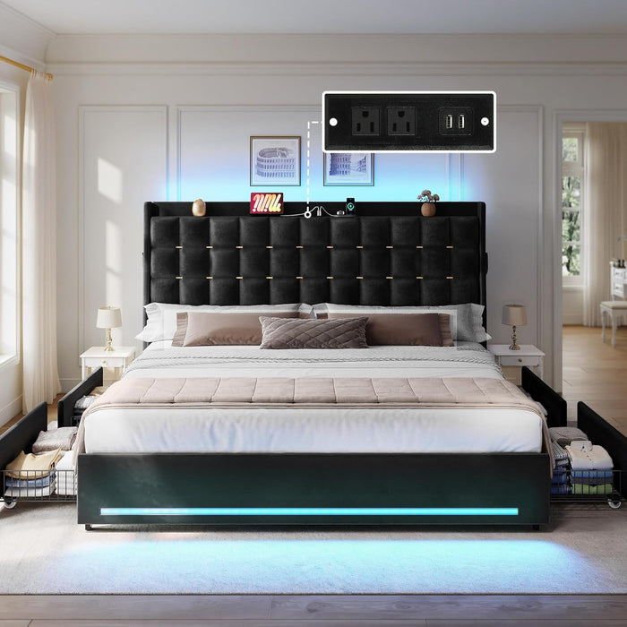 King Size Bed Frame with 4 Drawers and RGB LED Lights, Velvet Upholstered Platform Bed with Charging Station and Storage Headboard, No Box Spring Needed, Easy Assembly, Noise-Free, Black